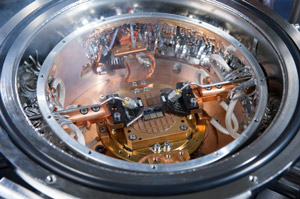 SiGe chips and measurement probes inside cryogenic probe station in Georgia Tech lab. (Georgia Tech; photo, Rob Felt.) 