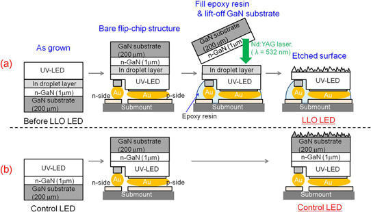 Figure 1: Schematic view of fabrication steps of (a) LLO and (b) control LEDs.