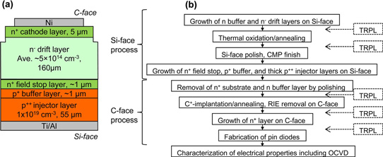 Figure 2: (a) Schematic cross-section and (b) fabrication process of simple PiN diode with C-face n-IGBT structure (n-PiN).