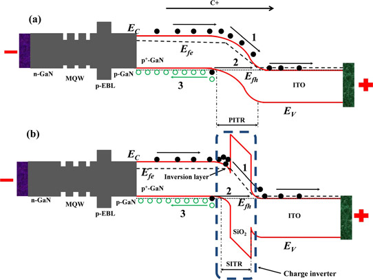 Schematic energy band diagrams (layer thickness not to scale) for (a) device A without SiO2 charge inverter and (b) device B with charge inverter. Carrier transport processes: 1. non-equilibrium electrons (solid circles) travel to the ITO layer from the conduction band of the p+-GaN layer; 2. electron interband tunneling simultaneously produces holes (open circles), and holes then travel (3) to MQW region. EC conduction and EV valence bands. Efe electron and Efh hole quasi-Fermi levels.