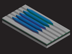 3D artistic depiction of multiple quantum cascade lasers integrated above silicon waveguides. Credit: Alexander Spott. 