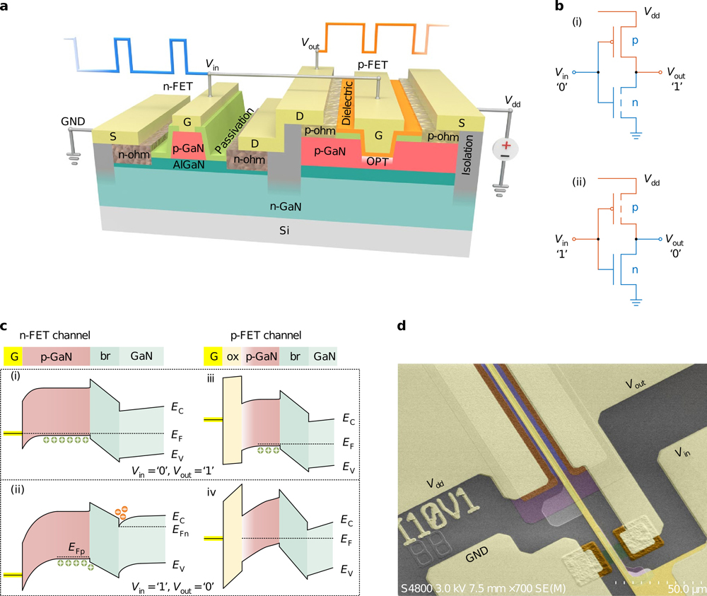 Figure 1: a, Schematic GaN complementary logic inverter. b, Schematic CL inverter circuit at two static logic states. c, Schematic energy band diagrams under different logic inputs. d, Scanning electron micrograph in false color. 