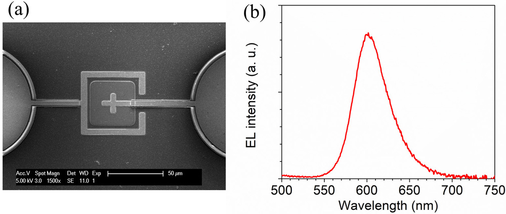 Figure 1: Scanning electron microscope image of μLED and (b) emission spectrum at 20A/cm2.