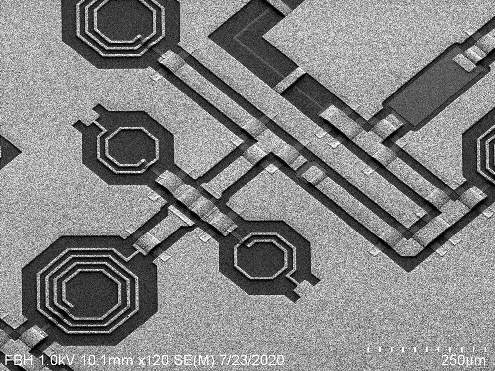 SEM image of gallium nitride MMICs. 