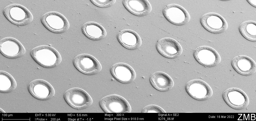 Processed separator foils with VCSEL heating systems. VCSEL heating systems are used to irradiate a printed micro-pattern on an electrode foil. The IR laser is absorbed only on the printed pattern and creates micro-holes with a diameter of 3–22μm through the substrate. 